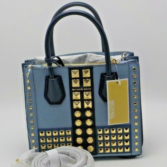 NEW Michael Kors Studded Tote Blue Leather Satchel - Picture 6 of 7